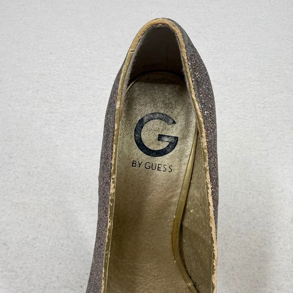 G By Guess Glitter Peep‎ Toe Platform Stiletto Heels Sparkly Gold Working Club
